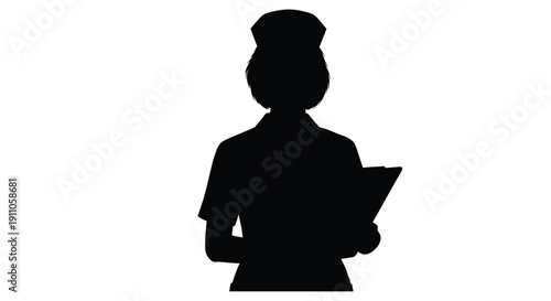 Silhouette of a woman in uniform possibly a flight attendant holding a tablet