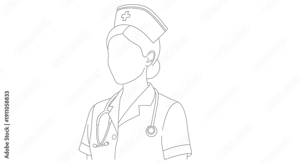 Obraz premium Line drawing of a nurse in uniform with cap and stethoscope