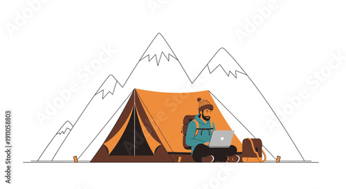 Remote Worker Camping In Mountains Enjoying Outdoor Work Lifestyle