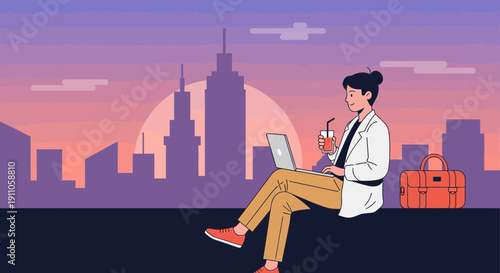 Remote Worker Enjoying City Sunset While Working On Laptop And Drinking Refreshment