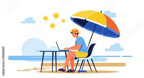Remote Worker Enjoying Laptop On A Sunny Beach Under A Bright Umbrella