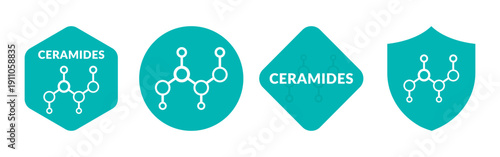 Ceramides Vector Labels Set on White Background. Organic skin care component illustration on hexagon, circle, rhombus and shield geometric shapes.