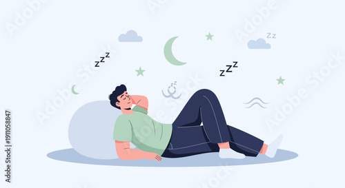 Restful Sleep: Animated Illustration Depicting a Person Relaxing Amidst Dreamy Symbols