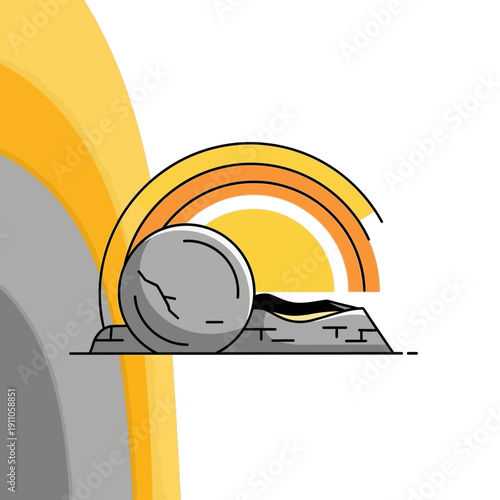 Resurrection Morning Scene With Stone And Sunrise Symbol