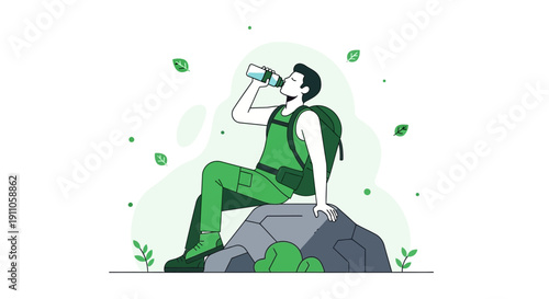 Refreshing Mountain Trekker Quenches Thirst Amidst Nature's Embrace