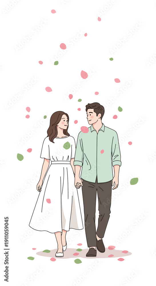 Obraz premium Romantic Couple Strolling Amongst Falling Petals In A Dreamy Illustration