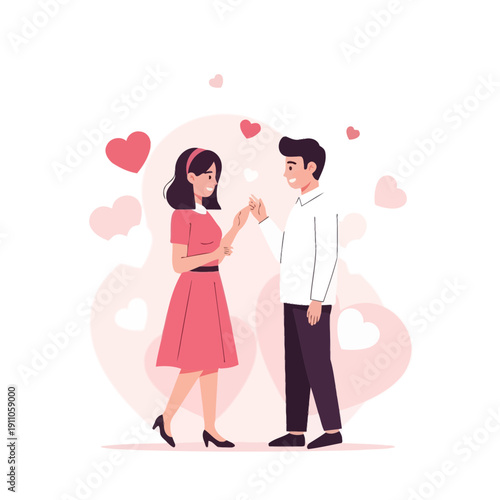 Romantic Couple Holding Hands With Hearts Floating Above