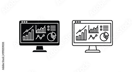 Two computer monitors displaying data charts in a black silhouette