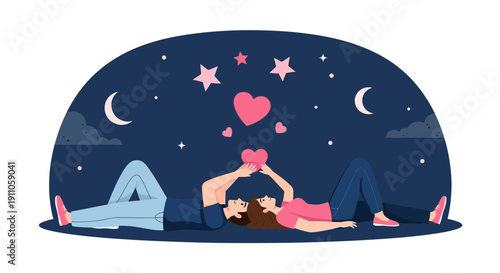 Romantic Couple Sharing Hearts Under a Starry Night Sky