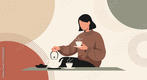 Relaxed Woman Enjoying Warm Beverage Cozy Scene With Minimalist Abstract Shapes