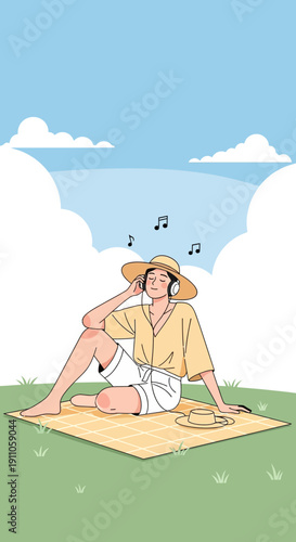 Relaxed Woman Enjoying Music Outdoors on a Sunny Day
