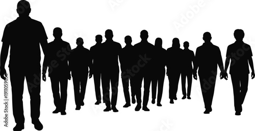 Group of people silhouettes walking forward isolated on white background, crowd of men approaching, teamwork and unity concept, leadership and social movement illustration.