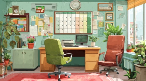 Bright and Inviting Office Space with Calendar, Desk, Chairs, Plants, Computer, and Organized Paperwork in a Cozy Environment