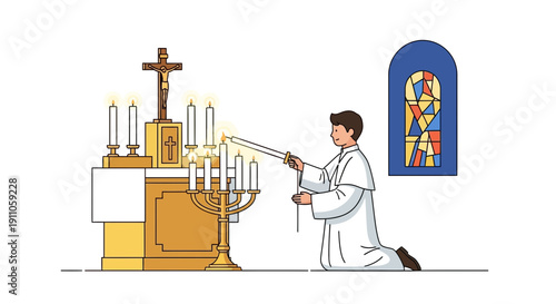 Sacred Ceremony Illumination Preparing Altar Candles for Worship Service