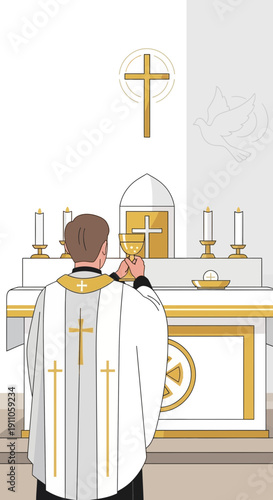 Sacred Ceremony Priest Elevates Chalice During Holy Mass Service