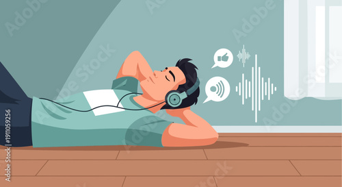 Relaxing Person Enjoys Music With Headphones On Floor