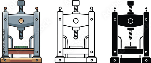 Vintage hydraulic press machine silhouette & Outline and illustration set isolated on transparent background