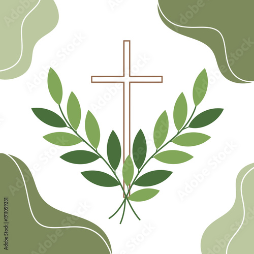 Sacred Cross Symbol Adorned With Elegant Green Olive Branches and Serene Abstract Shapes