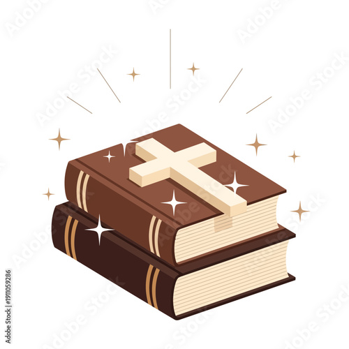 Sacred Holy Bible Books With Illuminating Cross Design Elements