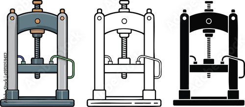 Vintage hydraulic press machine silhouette & Outline and illustration set isolated on transparent background