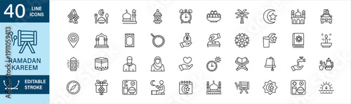 Ramadan kareem icon set. Islamic symbol icon collection. Containing mosque, koran, prayer, moon, quran, dates fruit, prayer matt, iftar, zakat, charity, muslim women, hijri calendar, back to hometown.
