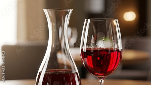Red wine glasses on wooden table.