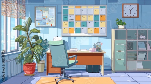 Bright and Inviting Office Space with Desk, Calendar, Plant, and Cozy Decor Ideal for Creative Work and Productivity Enhancement