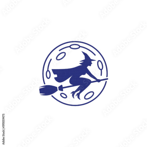 Blue Witch Flying on Broomstick Moon Silhouette