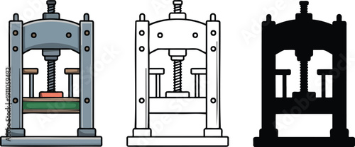 Vintage hydraulic press machine silhouette & Outline and illustration set isolated on transparent background