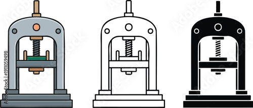 Vintage hydraulic press machine silhouette & Outline and illustration set isolated on transparent background