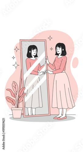 Self Acceptance And Positive Reflection Concept With Woman Looking In Mirror