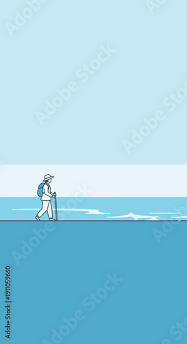 Serene Beach Trekker Exploring Coastal Horizons With Walking Stick And Backpack