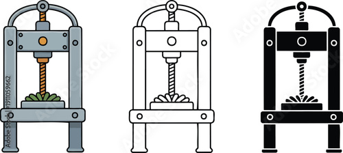 Vintage hydraulic press machine silhouette & Outline and illustration set isolated on transparent background