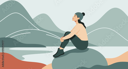 Serene Contemplation Amidst Abstract Mountainous Landscape