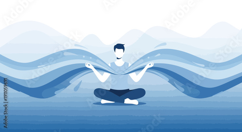 Serene Person Meditating Within Flowing Abstract Water Waves