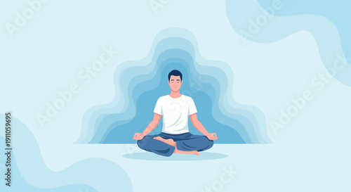 Serene Person Meditating Calmly In Lotus Pose With Abstract Blue Background