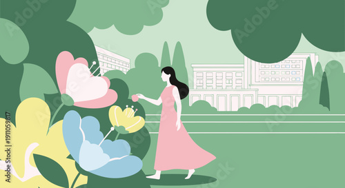 Serene Springtime Walk Amidst Blooming Gardens and Architectural Elegance