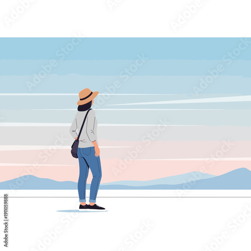 Serene Vista Unveils Solitary Traveler's Contemplation Under Vast Skies