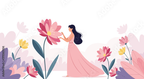Serene Woman Admires Blooming Flowers In A Lush Garden Wonderland