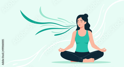 Serene Woman Deep Breathing In Lotus Pose For Calm And Mindfulness