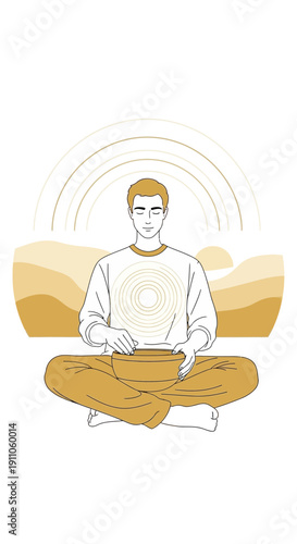 Serene Man Meditating With Singing Bowl In Calm Landscape