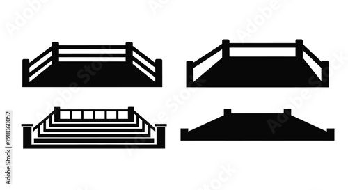 Four black architectural structures depicted in a stark silhouette