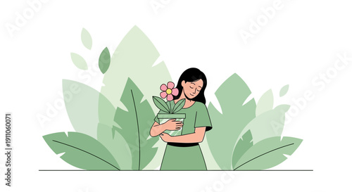 Serene Woman Embracing Potted Plant Amidst Lush Greenery