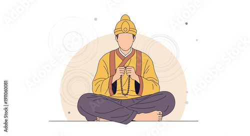 Serene Monk Meditating In Lotus Pose Holding Prayer Beads With Gentle Background Circles