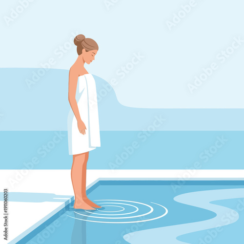 Serene Woman Experiencing Tranquil Spa Water With Gentle Ripples Beside Pool