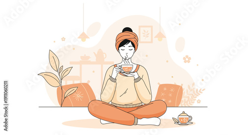 Serene Woman Enjoys Warm Beverage Indoors with Cozy Decor and Plant Accents