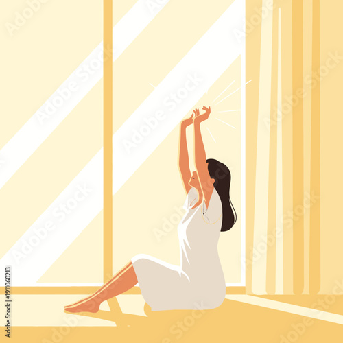 Serene Morning Sunrise Glow Illuminating Joyful Woman Embracing New Day