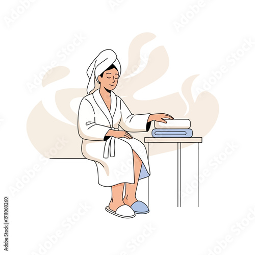 Serene Woman In Robe Relaxing With Fresh Towels After Spa