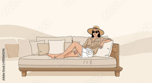 Serene Woman Lounging On Plush Outdoor Sofa With Sun Hat