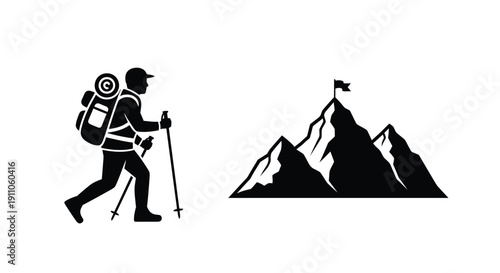 Hiker with backpack walking towards mountain peak a striking silhouette